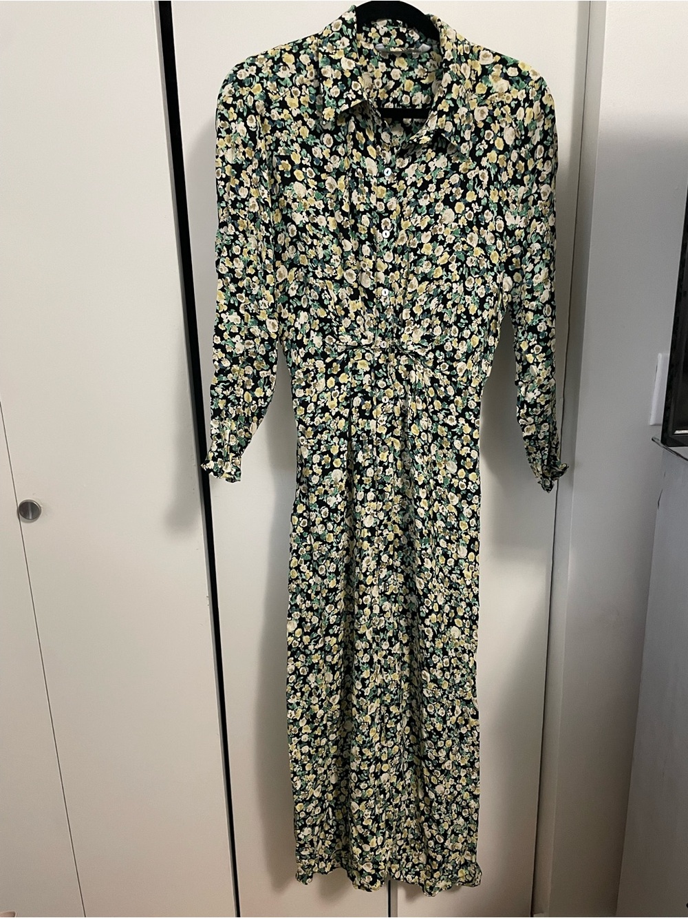 Zara Green and Cream Floral Long-Sleeve Maxi Dress
